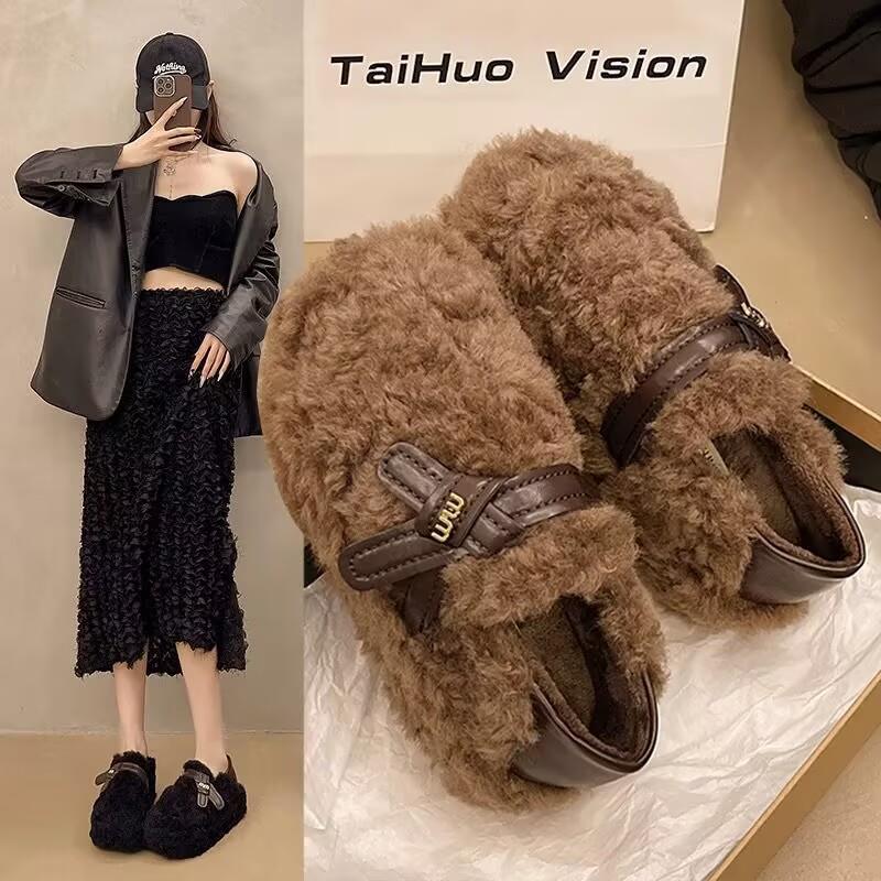 韩系毛毛鞋女秋冬超火居家外穿厚底懒人一脚蹬加绒保暖舒适棉拖鞋