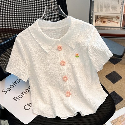 立体花翻领Polo衫短款短袖t恤女