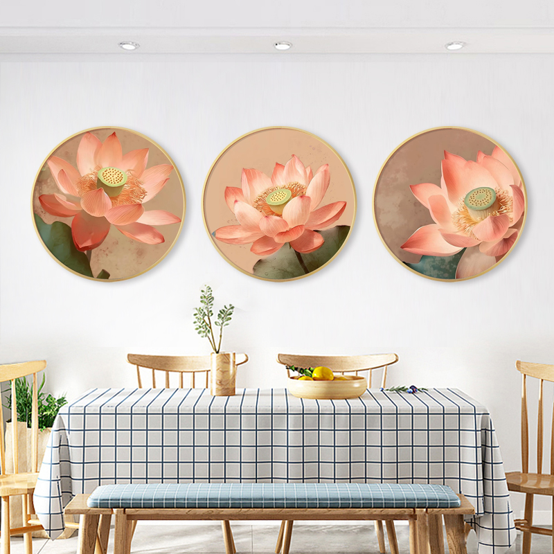 新中式清新荷花装饰画粉荷圆形餐厅挂画客厅玄关莲花花卉三联画图片