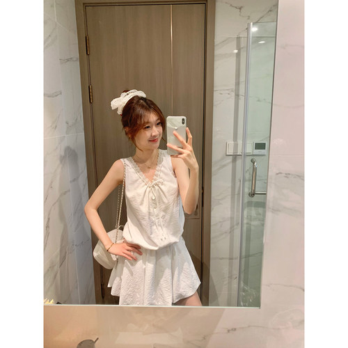 我很懒【现货】夏天的风 甜美初恋小白裙女夏抽绳两穿无袖连衣裙