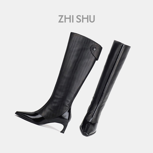 直述压纹羊皮高筒长靴