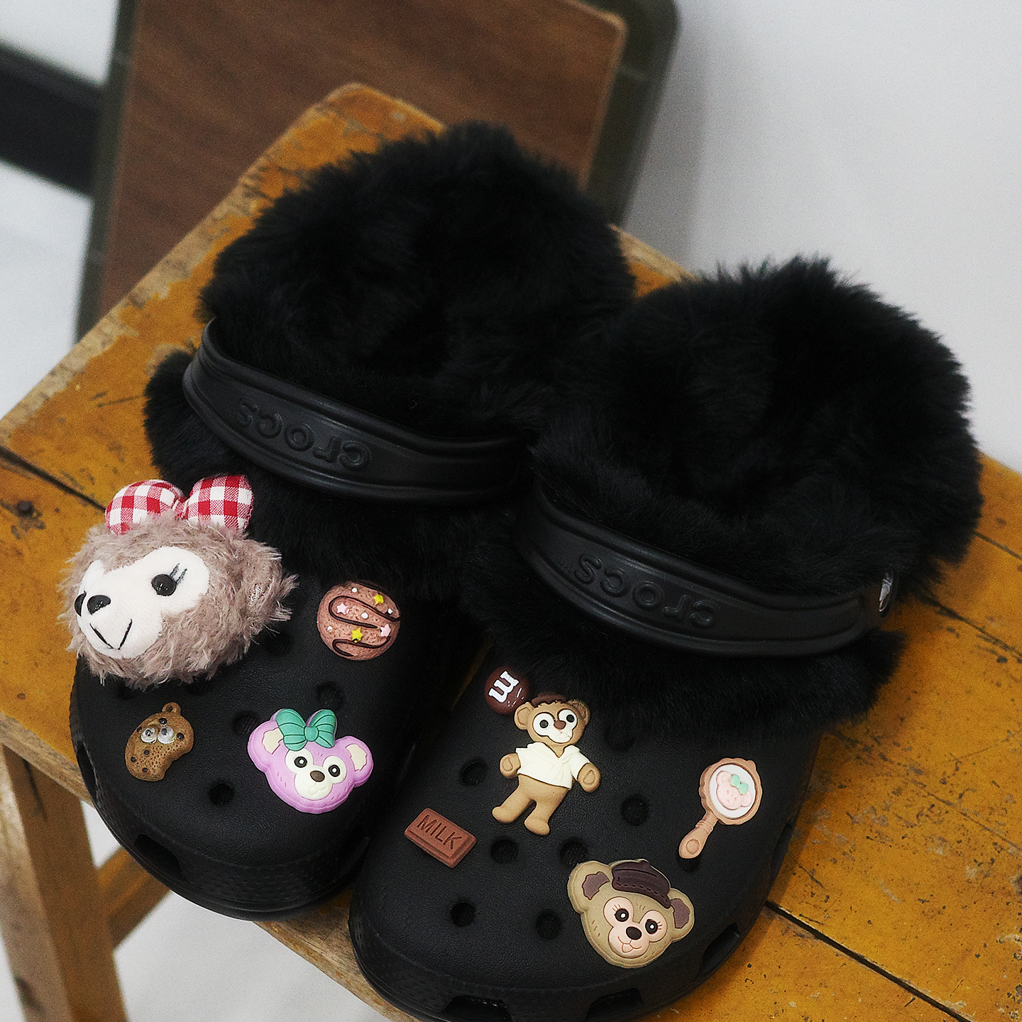 Mkop洞洞鞋毛绒内胆可拆卸冬天加绒鞋花泡芙云朵适配Crocs/Cross