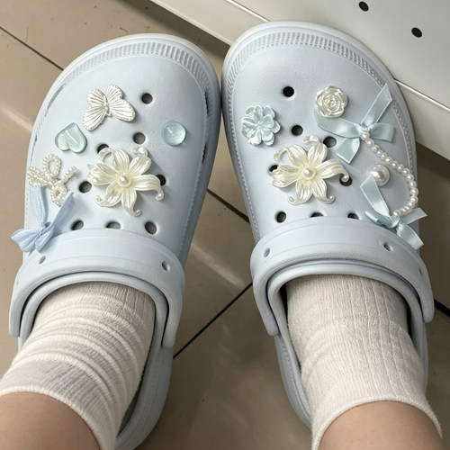 MKOP洞洞鞋配饰高级感鞋扣配件蓝丝带蝴蝶结鞋花适配Cross/Crocs