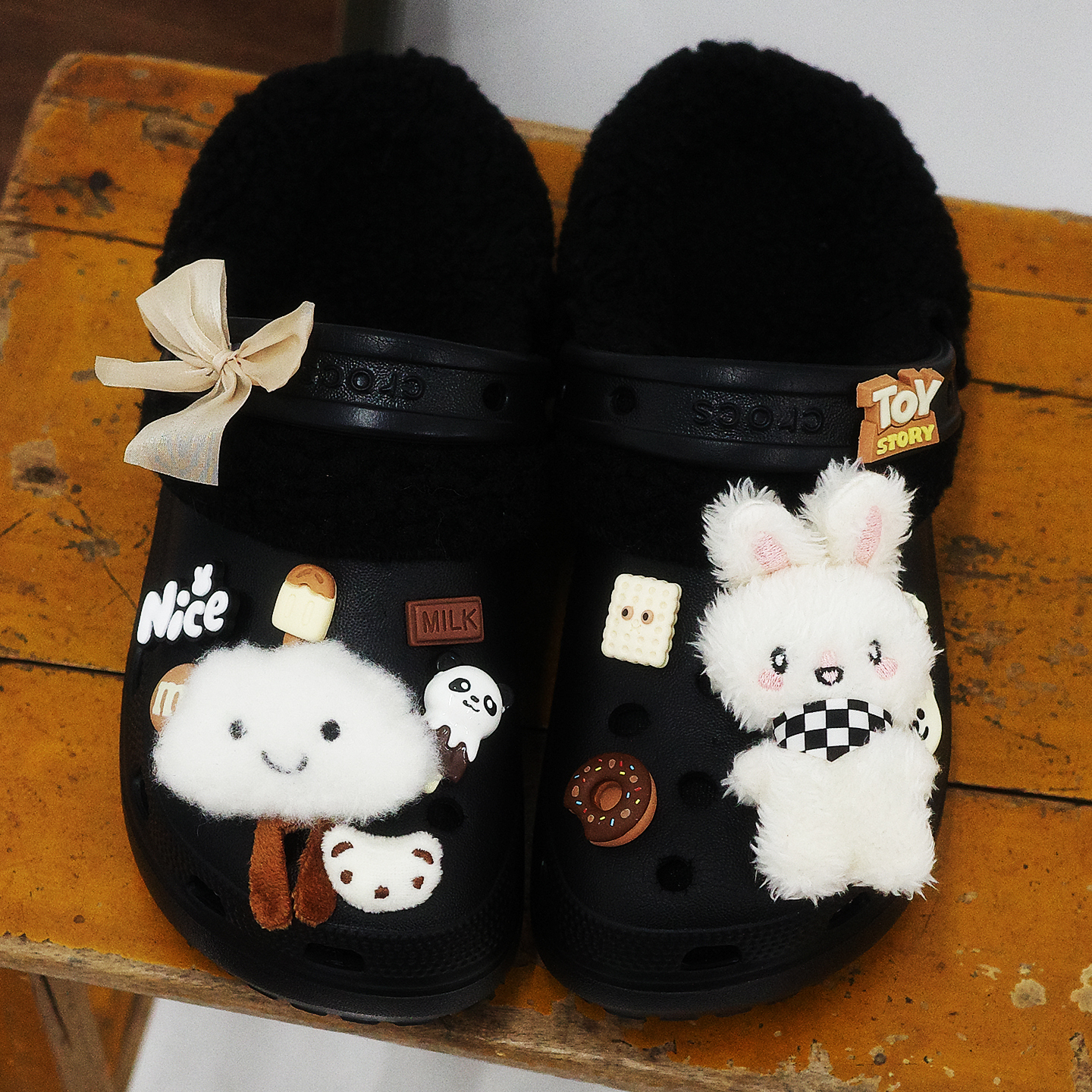 Mkop毛绒洞洞鞋内胆棉可拆卸加绒鞋花泡芙云朵适配Cross/Crocs