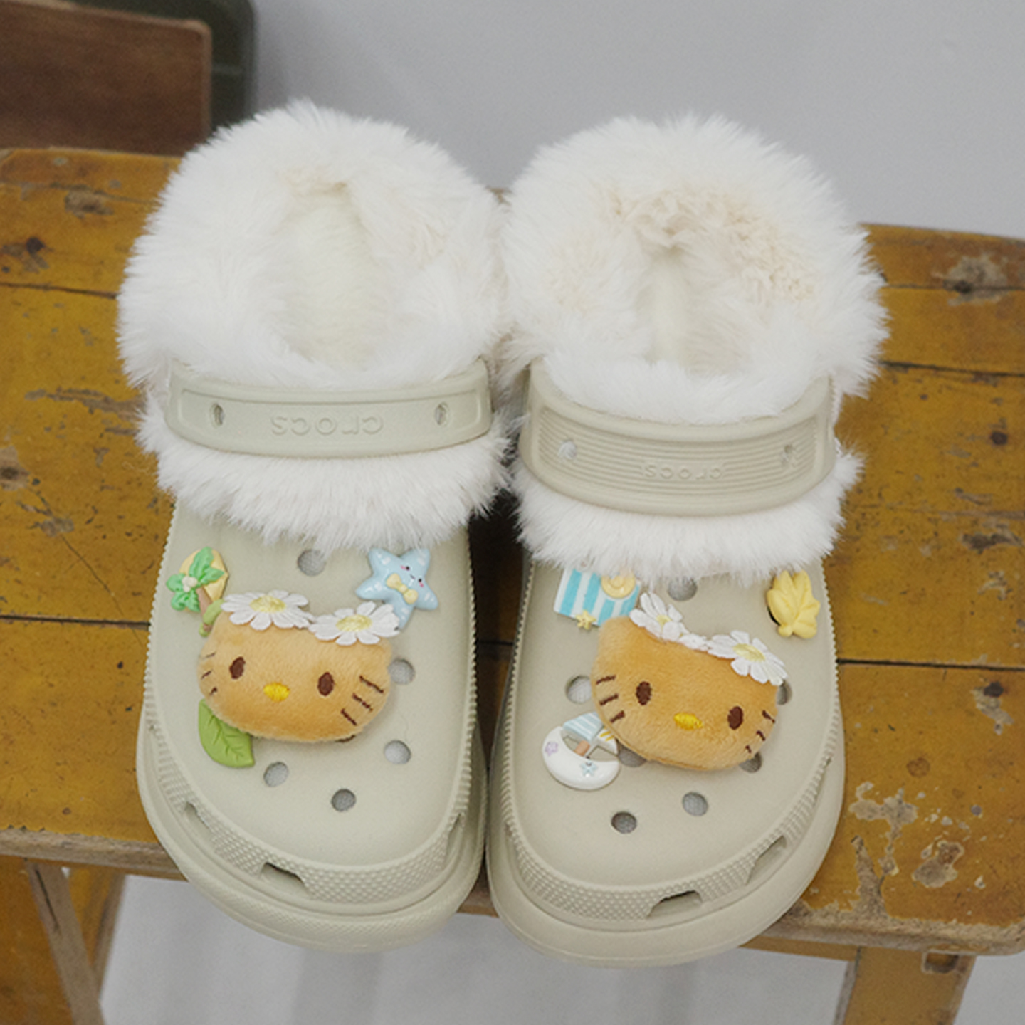 Mkop毛绒洞洞鞋内胆棉可拆卸冬天配饰泡芙云朵适配Crocs/Cross