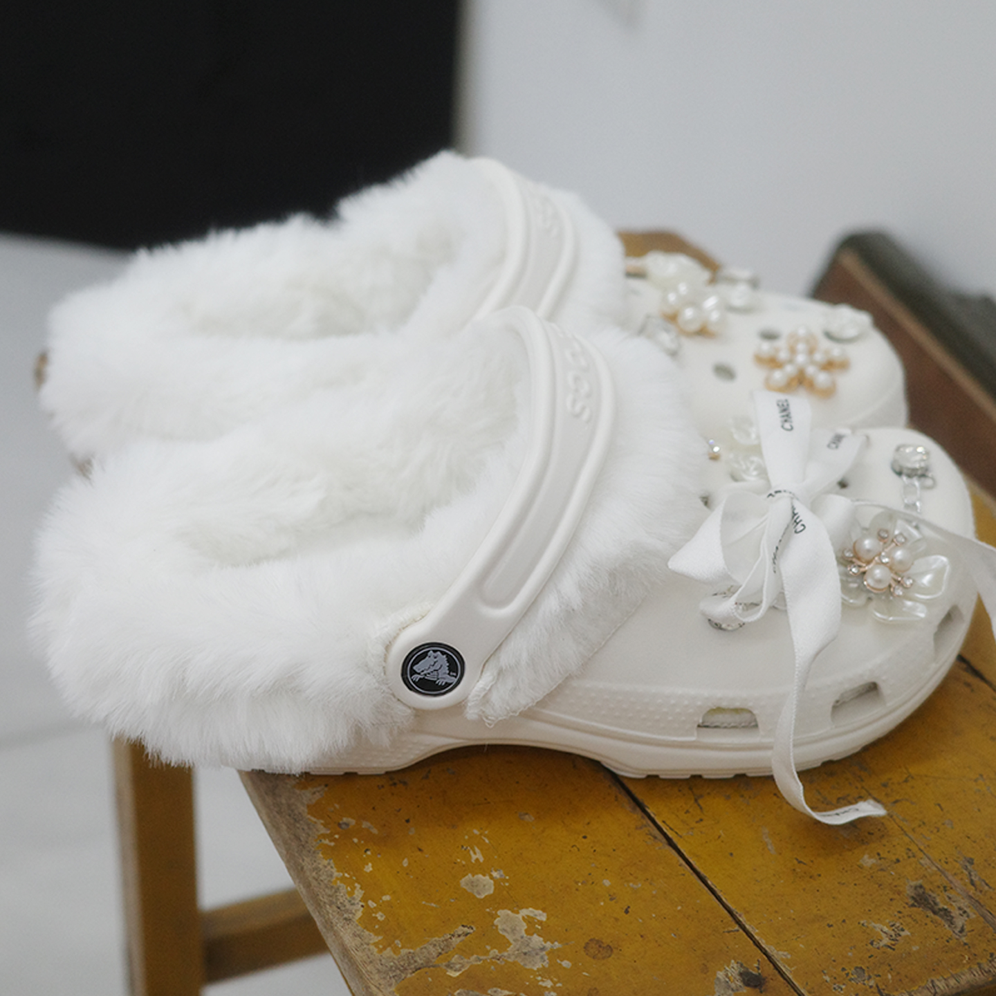 Mkop洞洞鞋内胆毛绒棉可拆卸冬天鞋花泡芙云朵适配Cross/Crocs