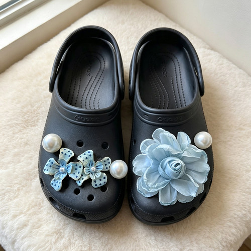 MKOP洞洞鞋配饰高级感鞋扣配件蓝玫瑰波点花鞋花适配Cross/Crocs