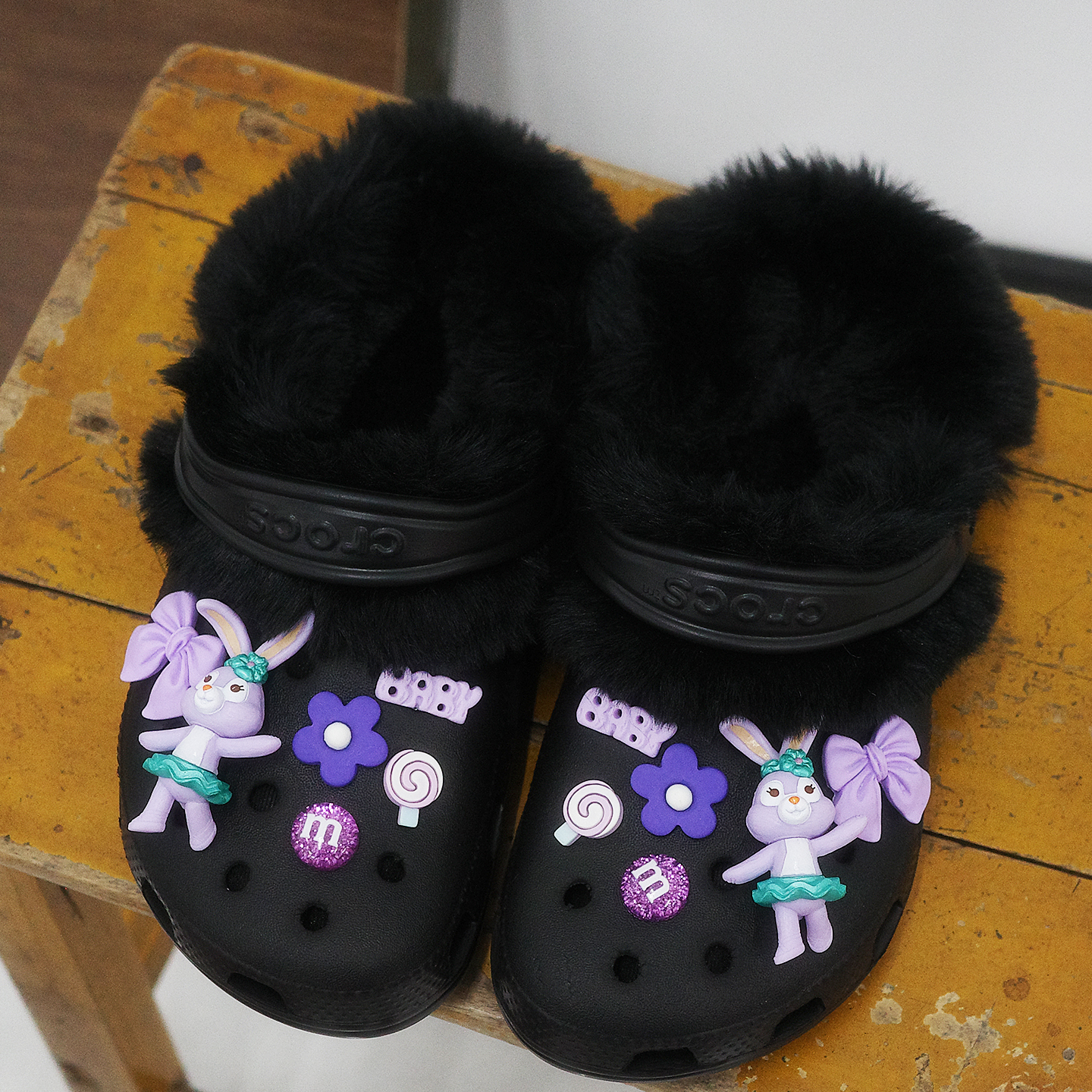 Mkop洞洞鞋毛绒内胆可拆卸冬天加绒鞋花云朵泡芙适配Crocs/Cross