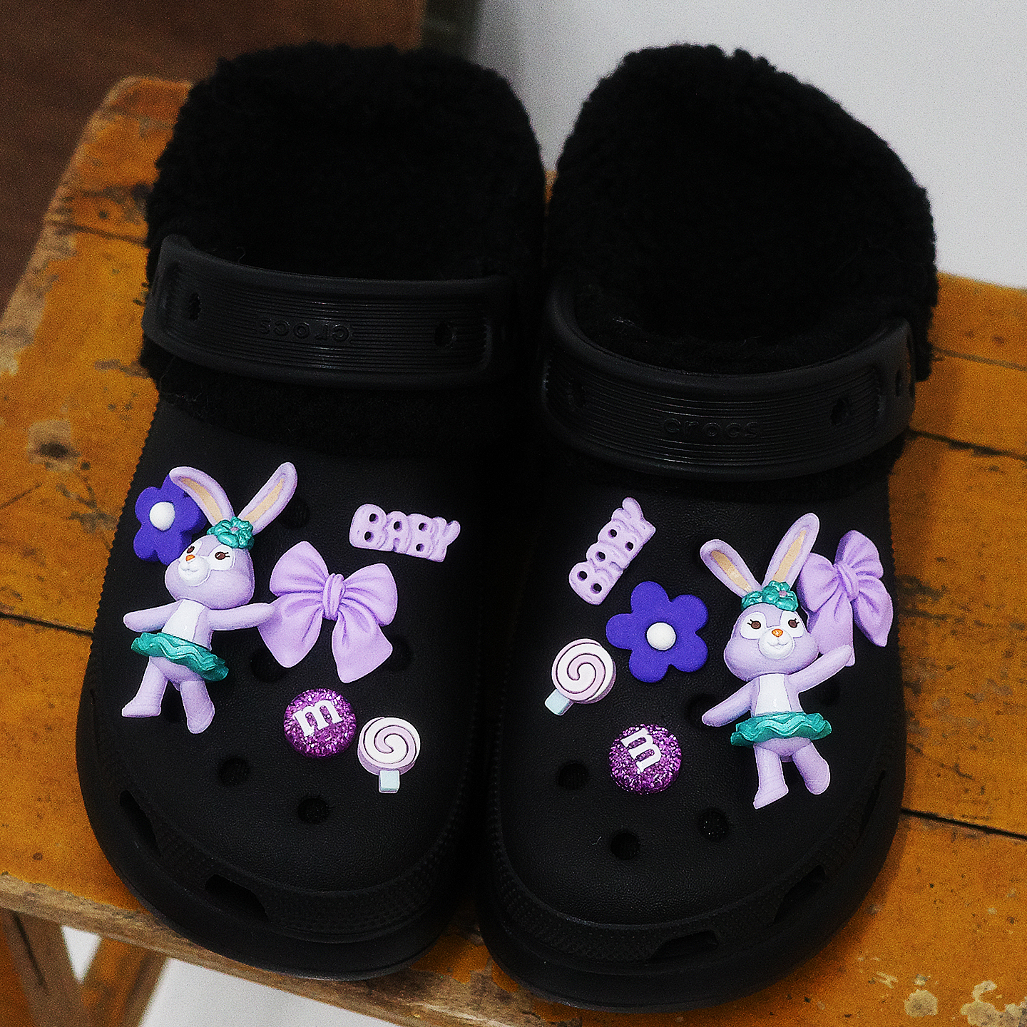 Mkop毛绒洞洞鞋内胆可拆卸冬天鞋套鞋花云朵泡芙适配Cross/Crocs