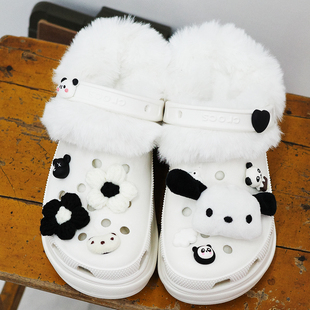 Mkop洞洞鞋毛绒内胆棉冬天配饰加绒鞋花泡芙云朵适配Cross/Crocs