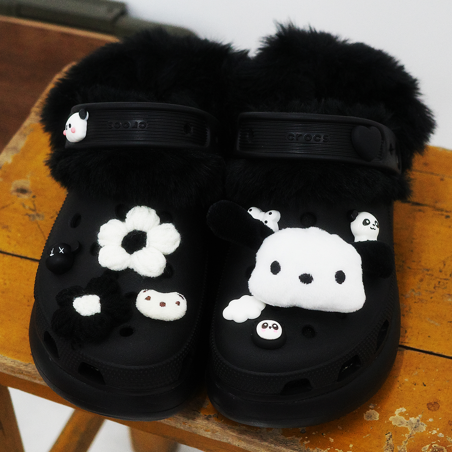 Mkop毛绒洞洞鞋内胆冬天配饰加绒鞋套泡芙云朵适配Cross/Crocs