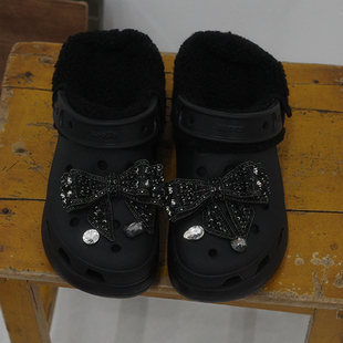 Mkop洞洞鞋毛绒内胆可拆卸冬天配饰鞋花云朵泡芙适配Cross/Crocs