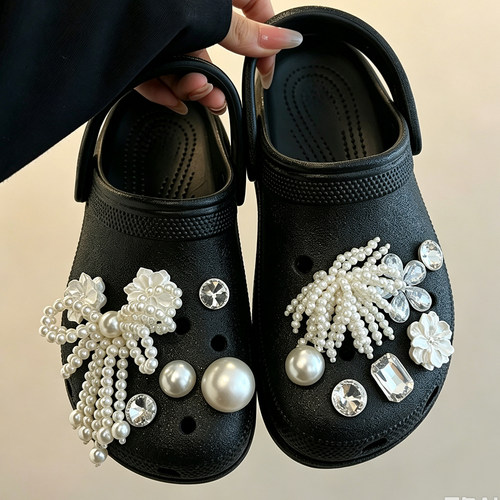 MKOP洞洞鞋配饰高级感鞋扣配件重工珍珠流苏鞋花适配Cross/Crocs