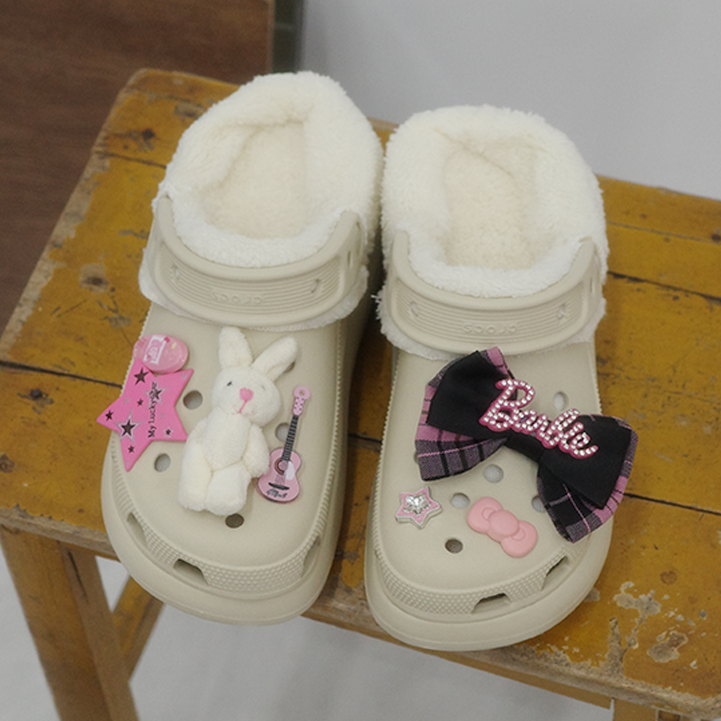 Mkop洞洞鞋内胆毛绒棉可拆卸冬天配饰云朵泡芙适配Cross/Crocs