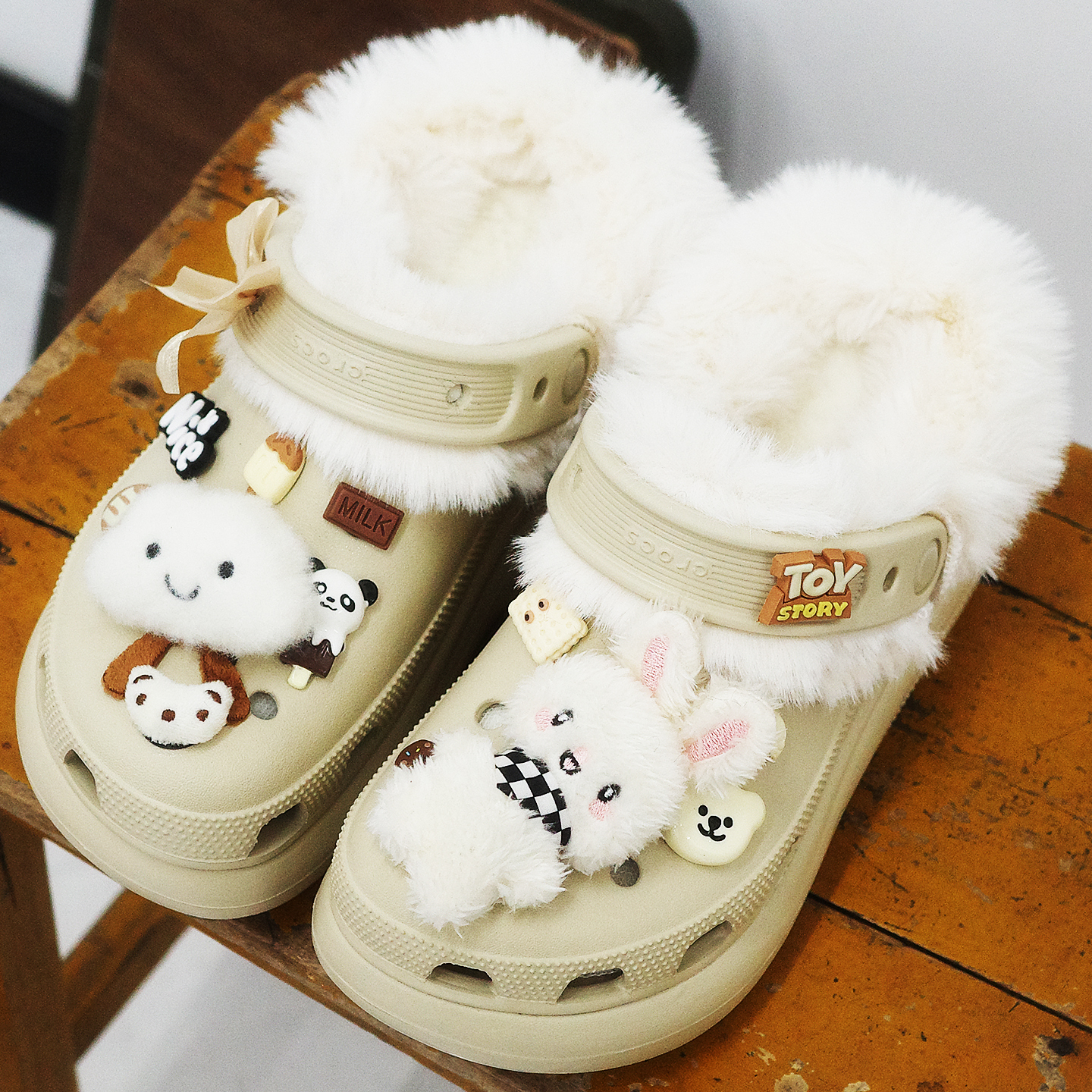 Mkop毛绒洞洞鞋内胆棉可拆卸加绒鞋花云朵泡芙适配Cross/Crocs