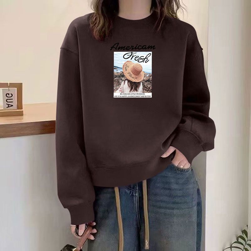 春秋女士纯棉咖色短款卫衣时尚韩版洋气百搭慵懒风小个子高腰上衣