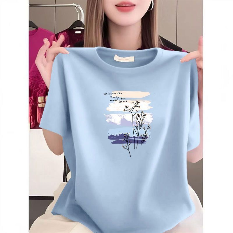100%纯棉女士短袖印花T恤夏季新款韩版洋气宽松遮肚显瘦圆领上衣