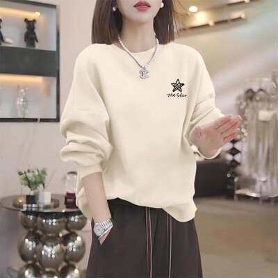 纯棉套头杏色长袖卫衣女时尚