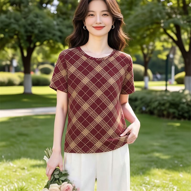 冰丝格子扎染短袖T恤女时尚