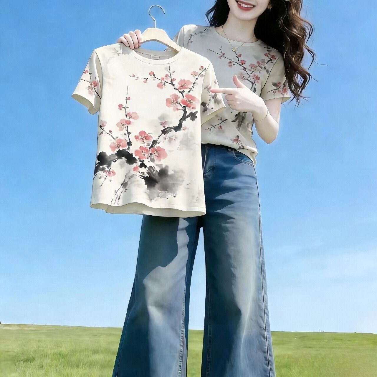 水墨风短袖印花国风T恤女
