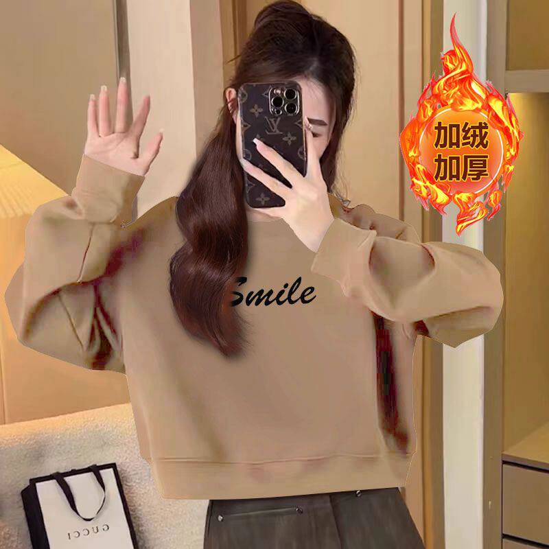 圆领纯棉长袖新款卫衣女秋冬加绒加厚时尚短款休闲大码休闲上衣女