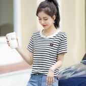 洋气韩版 2023时尚 设计感撞色条纹休闲上衣 t恤女夏季 纯棉高档短袖
