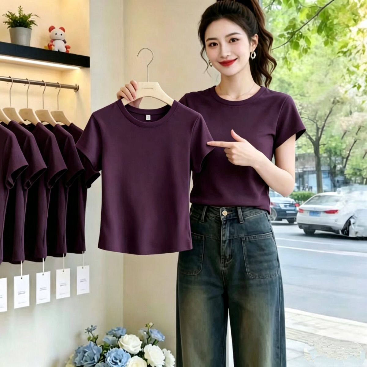 短款高腰纯色短袖T恤女时尚