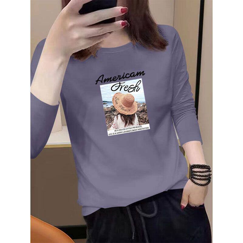 春秋精梳纯棉圆领长袖印花T恤女时尚新款韩版百搭宽松显瘦上衣潮