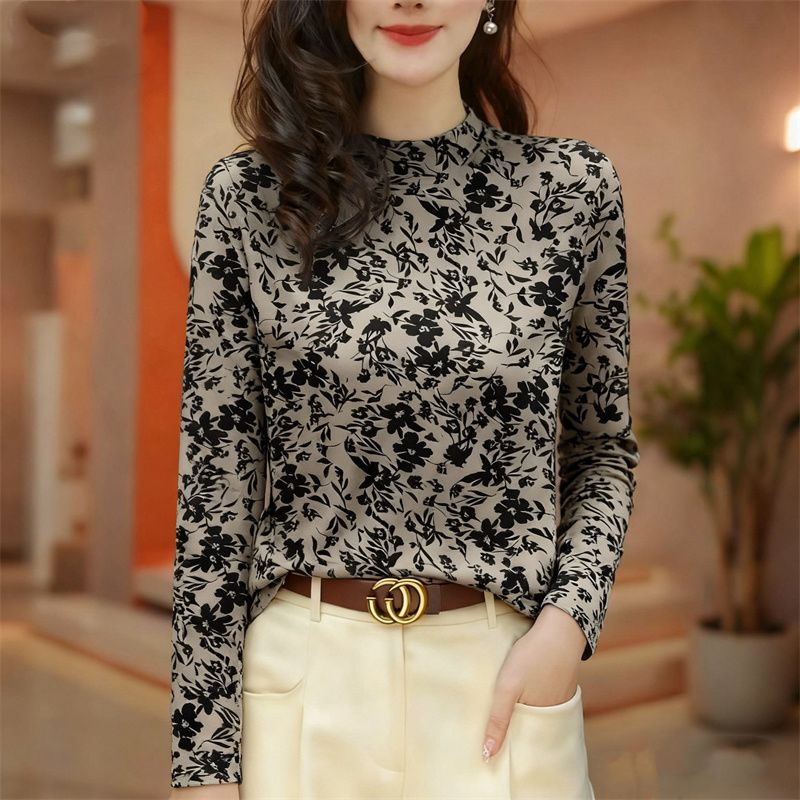 女士德绒磨毛半高领国风打底衫