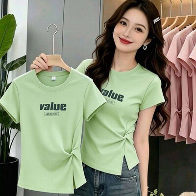 针织棉短袖开叉扭结T恤女