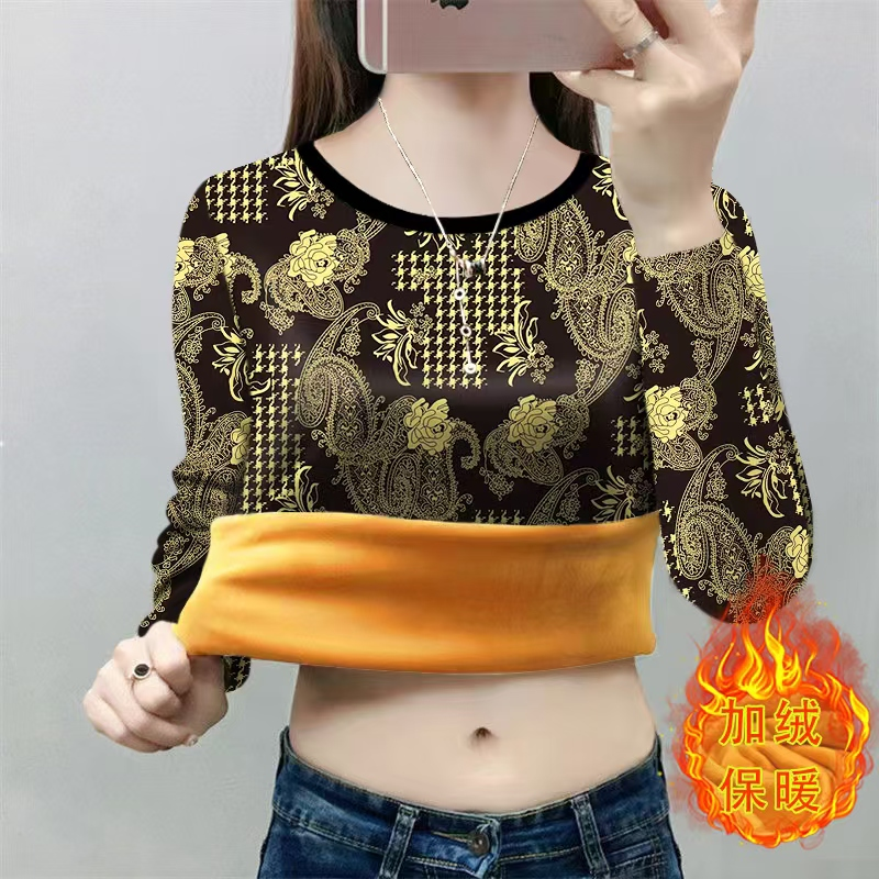 加绒加厚时尚卫衣女秋冬新款遮肉显瘦简约正肩潮流圆领上衣女ins