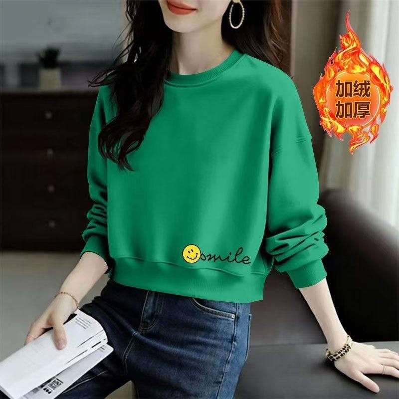 秋冬纯棉绿色加绒加厚短款高腰卫衣女韩版宽松显瘦小个子高腰上衣