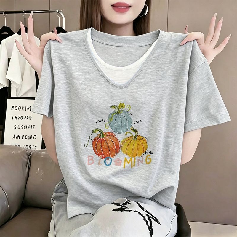 韩版竹节棉短袖V领打底T恤女