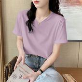 夏季 宽松遮肉显瘦通勤风休闲上衣服 韩版 V领纯棉短袖 纯色T恤女时尚