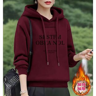 纯棉加绒加厚短款卫衣女秋冬女装宽松印花简约连帽显瘦上衣ins潮