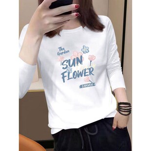 春秋爆款纯棉长袖印花圆领T恤女时尚洋气潮流百搭基础款休闲上衣