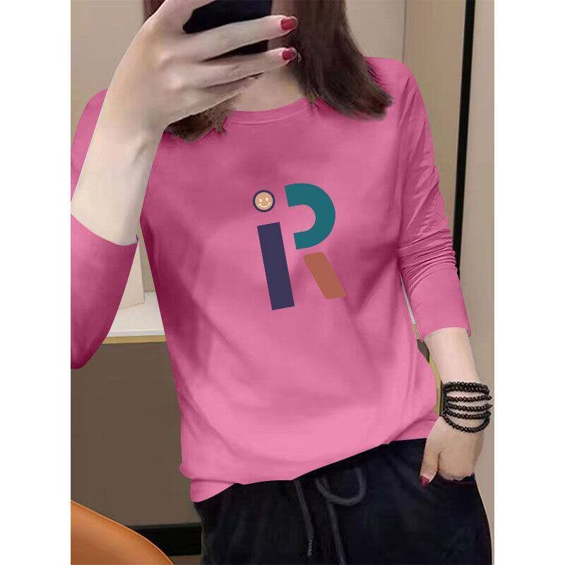 100%纯棉长袖印花圆领T恤女时尚通勤韩版百搭宽松显瘦休闲ins上衣
