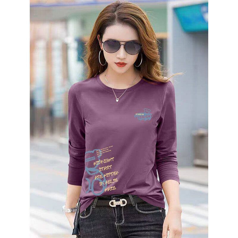 春秋纯棉印花长袖圆领打底衫T恤女时尚通勤韩版宽松显瘦休闲上衣
