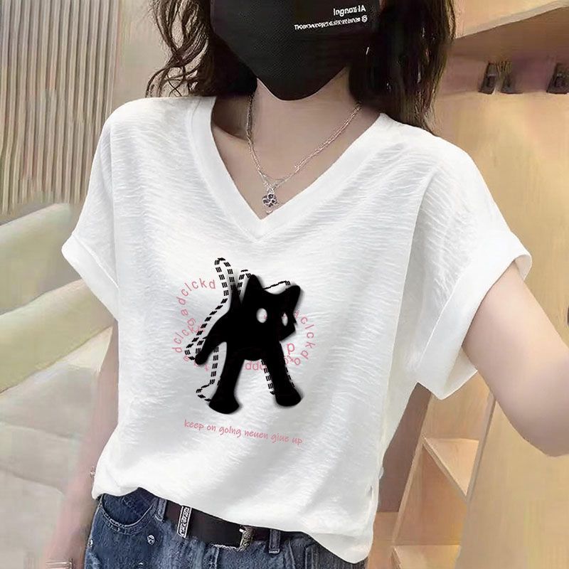 竹节棉白色短袖飞飞袖V领T恤女
