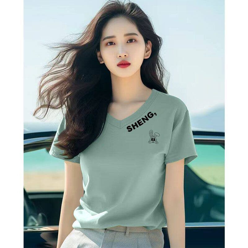 夏季纯棉V领短袖打底衫T恤女时尚新款洋气百搭显瘦鸡心领上衣汗衫