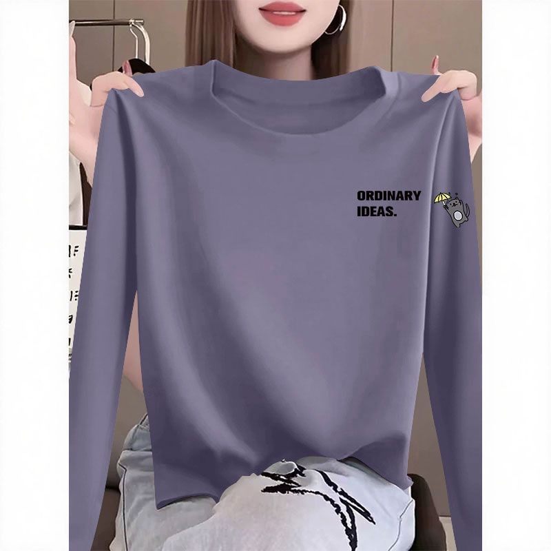 春秋新款纯棉女士圆领长袖T恤打底衫韩版洋气通勤宽松显瘦上衣服