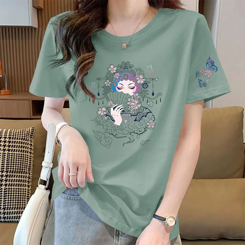 夏季女款纯棉短袖休闲T恤韩版洋气百搭宽松显瘦印花薄款圆领上衣
