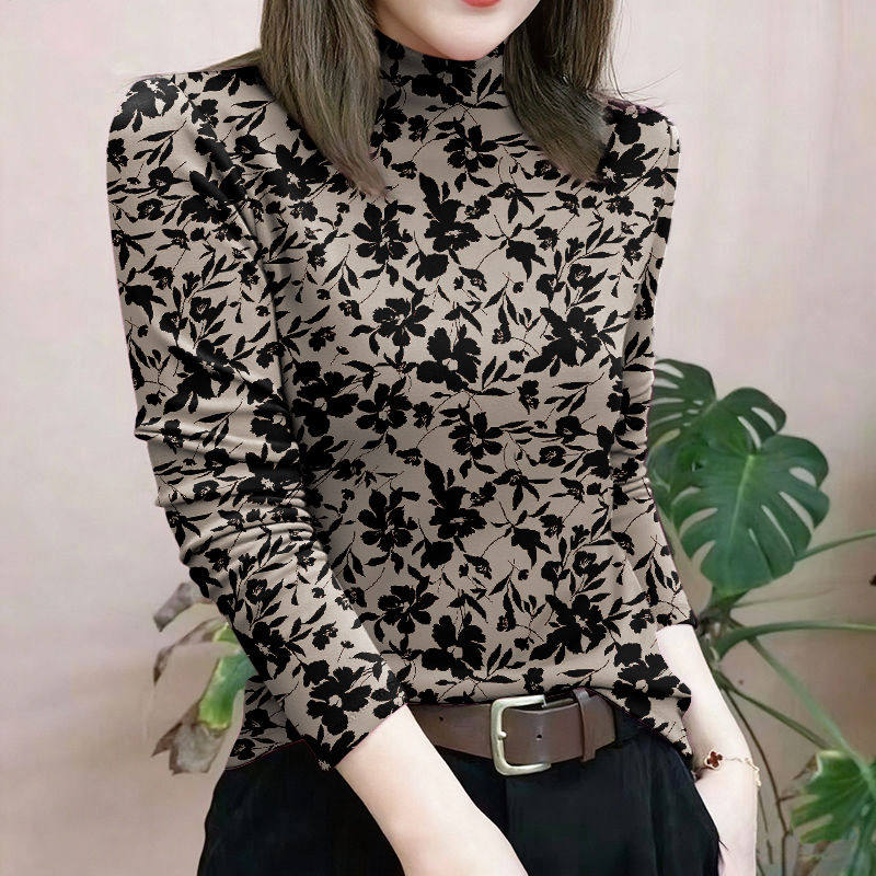 秋冬新款德绒印花半高领打底衫女时尚洋气百搭潮流水墨风保暖上衣