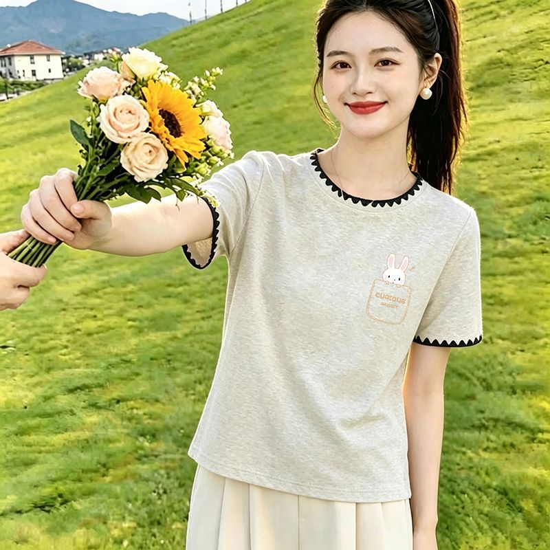 纯棉花边短袖印花韩系T恤女