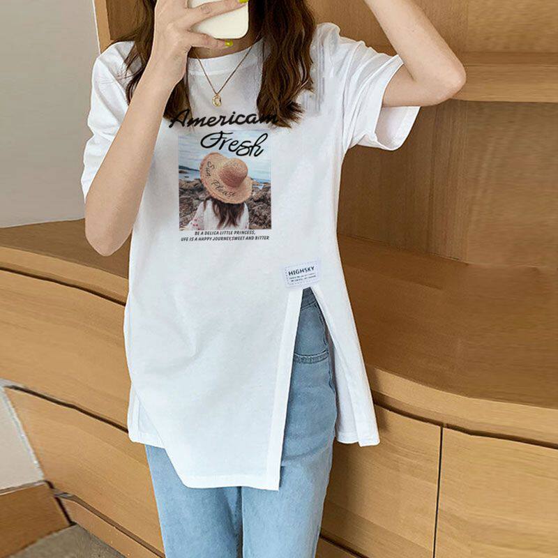 夏季纯棉白色中长款短袖T恤女时尚洋气宽松显瘦百搭开叉印花上衣
