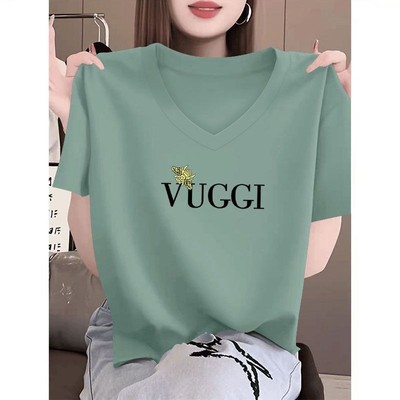 纯棉V领短袖印花T恤女夏季新款