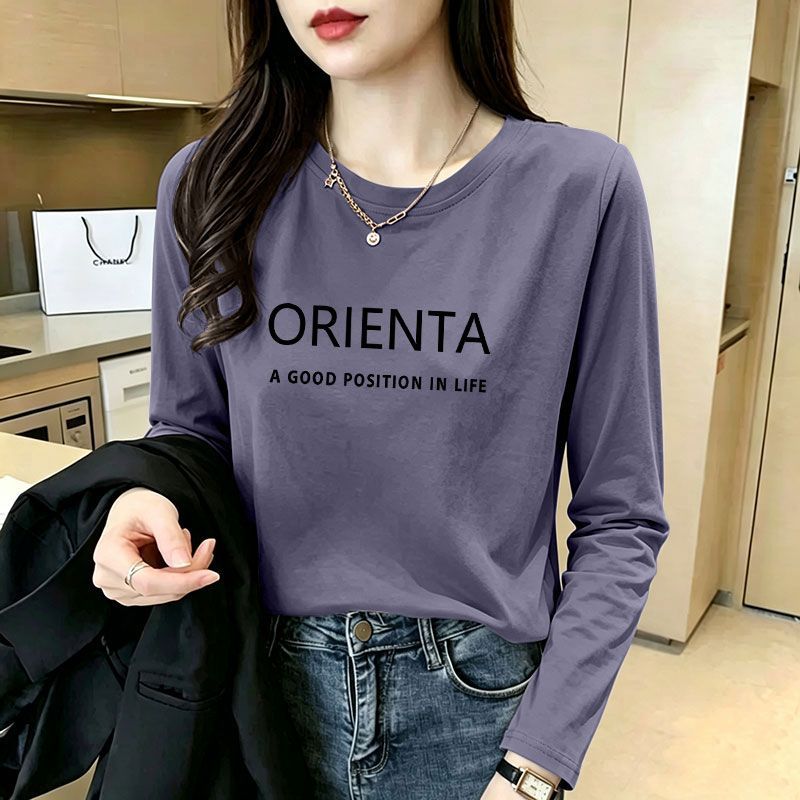 100%纯棉内搭长袖印花圆领T恤女