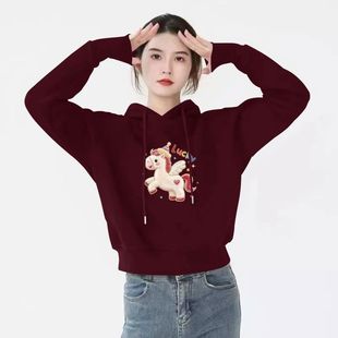 秋冬加绒红色连帽短款纯棉卫衣女新年时尚洋气潮流百搭本命年衣服