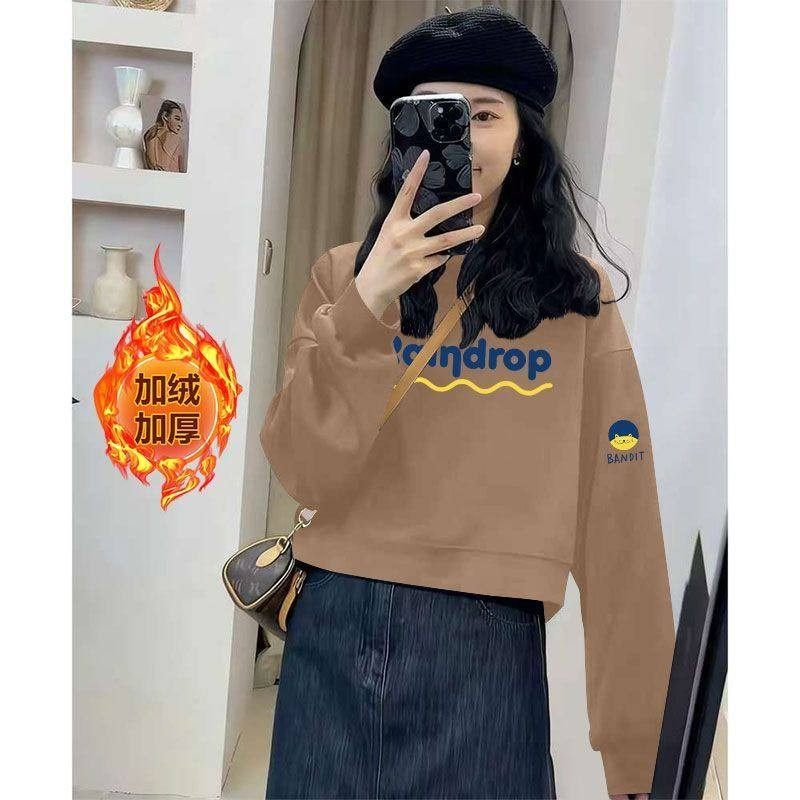 秋冬银狐绒加绒加厚短款纯棉卫衣女时尚新款潮流百搭小个子上衣潮