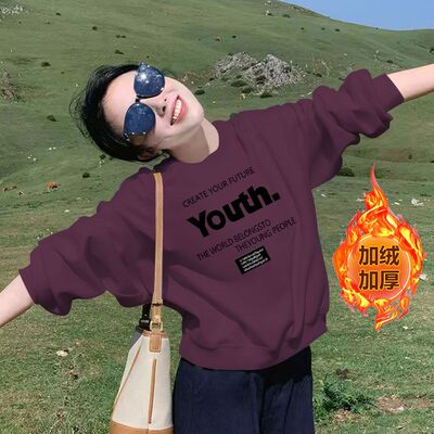 纯棉加绒加厚小个子卫衣女秋冬款韩版宽松显瘦高腰短款圆领上衣女